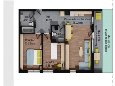 Comision 0%. Apartament 3 camere cu gradina 53 mp in Baciu
